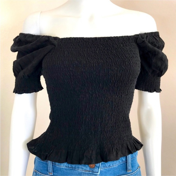 Madewell XXS black rushed puffer sleeve black top - Picture 3 of 10